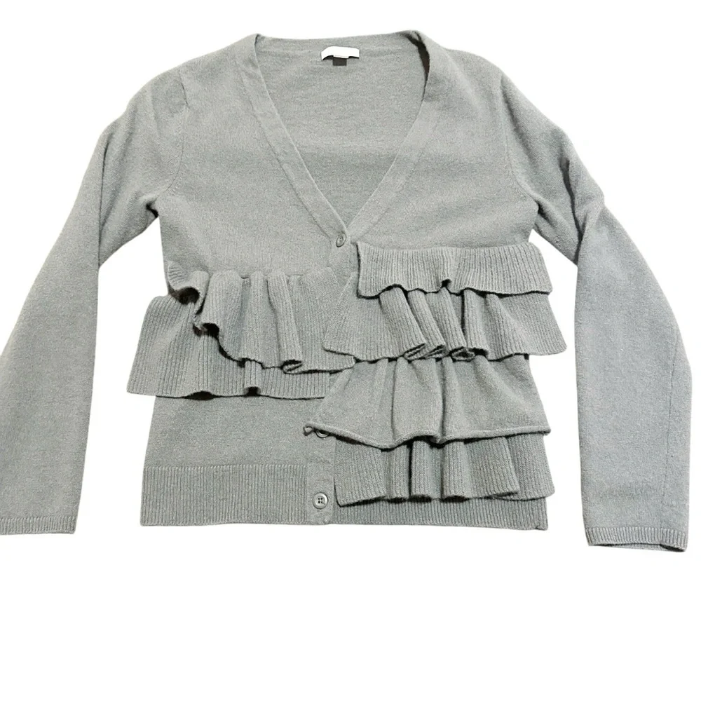 Garnet Hill Ruffle Cardigan Wool Sweater Gray Long Sleeve Women's Size Small - Picture 2 of 8